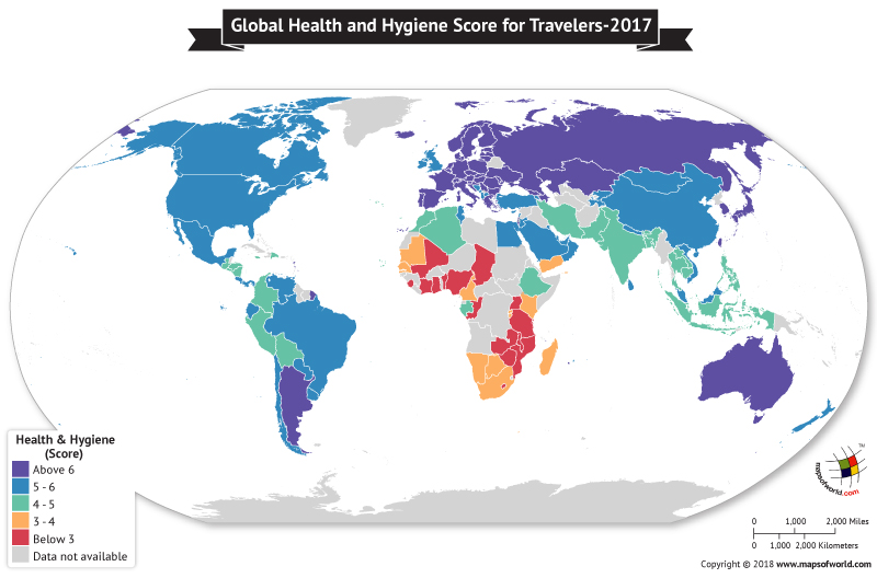 World map highlighting health factor while traveling 