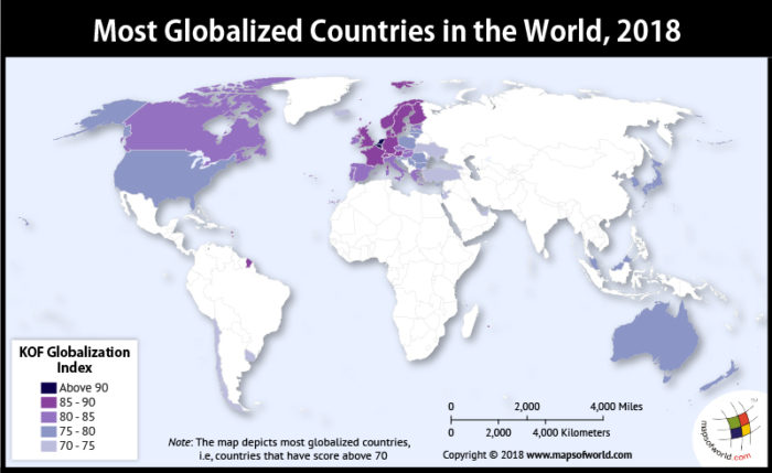 World Map depicting most Globalized Countries