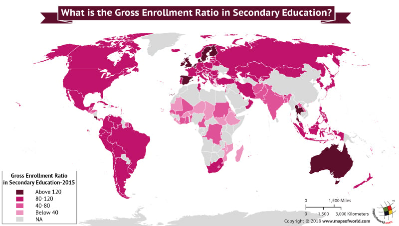 World Map depicting gross enrollment ratio