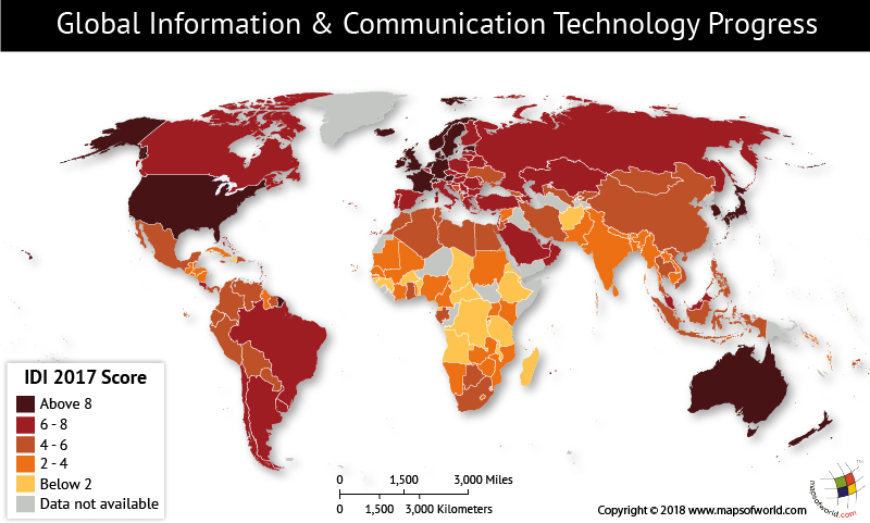 World map depicting Global ICT Development Index