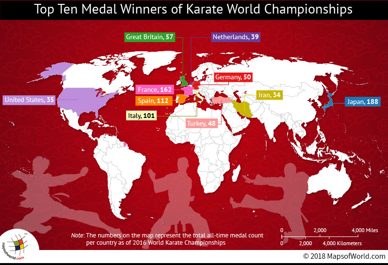 World map depicting top 10 winners of Karate Championships