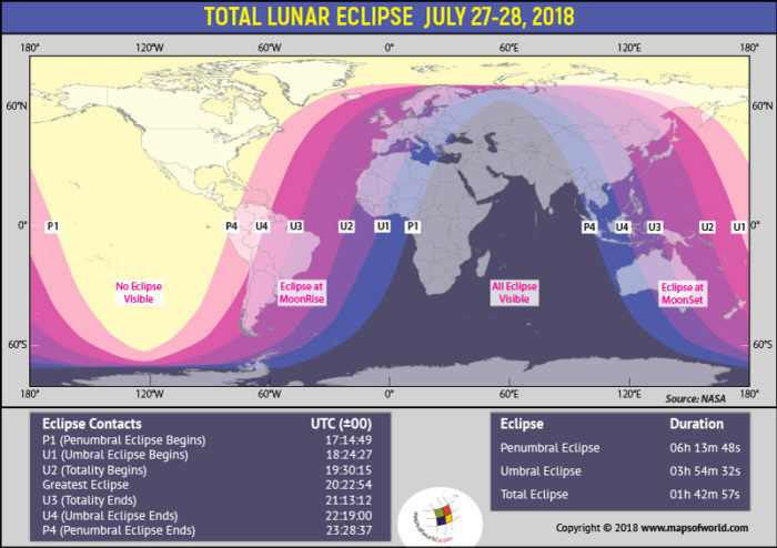 World map highlighting places which will witness Lunar Eclipse