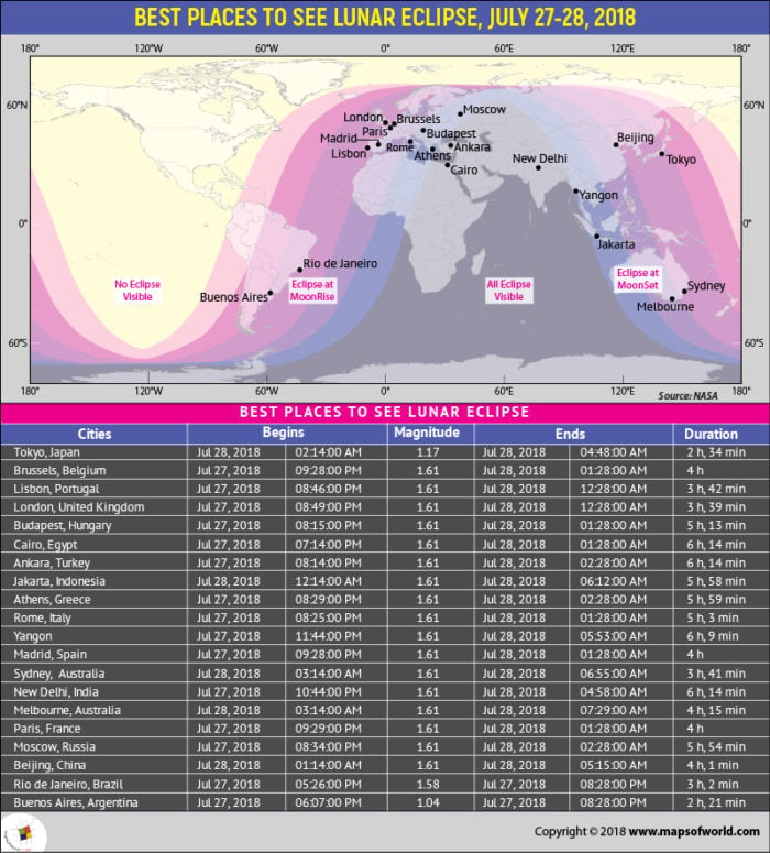 World map depicting best places to view Lunar Eclipse
