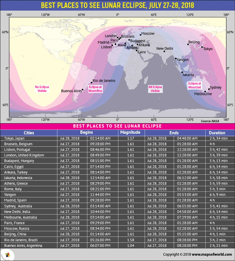 World map depicting best places to view Lunar Eclipse