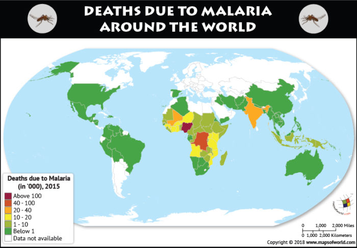 World map depicting deaths due to malaria