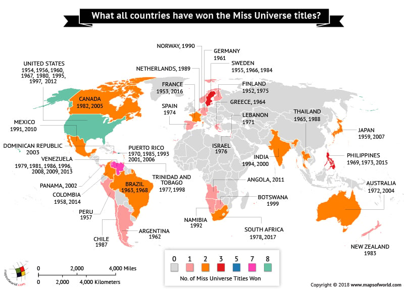 World Map depicting Miss Universe winners