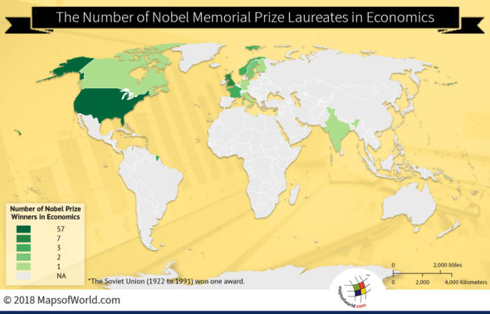 World map depicting Nobel Prize winners in Economics