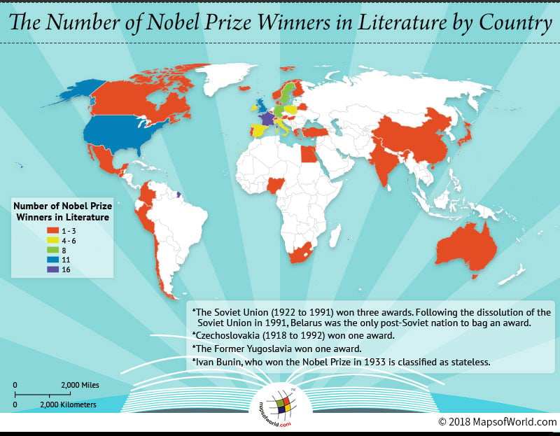 World Map depicting Nobel Prize Winners in Literature