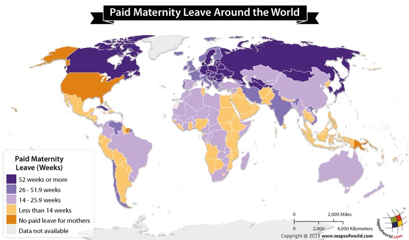 World Map depicting Paid Maternity Leaves per Country