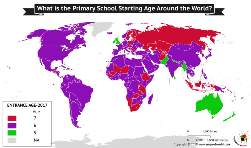 World map showing primary school starting age
