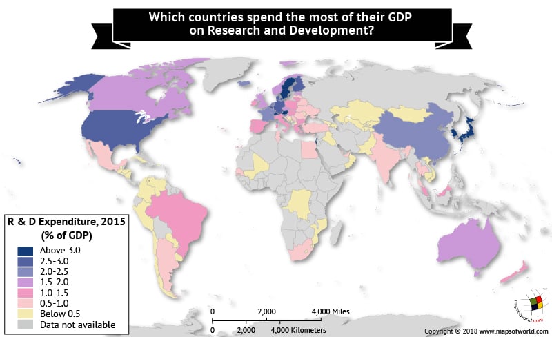 World map depicts the countries' expenditure on Research and Development