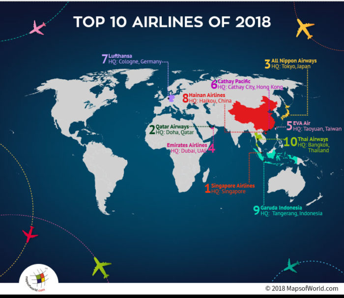 World map depicting headquarters of Top Ten Airlines