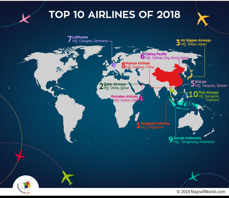 World map depicting headquarters of Top Ten Airlines