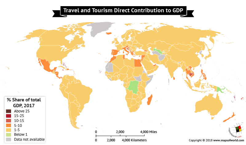 World Map depicting Travel and Tourism's direct contribution to GDP