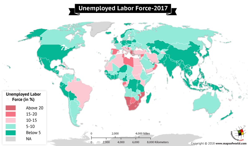 World Map depicting unemployment percentage of labor force in countries