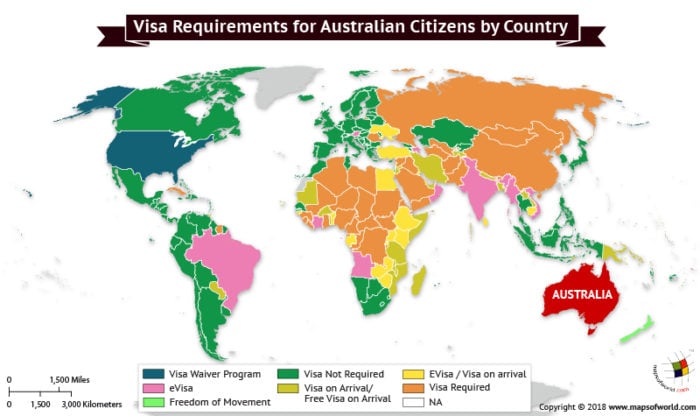 World Map depicting Visa Requirements of Australians