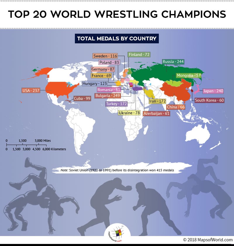  World Map highlighting countries which are Wrestling Champions
