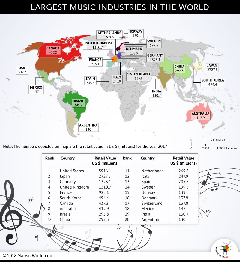 World map depicting countries with the largest music industries