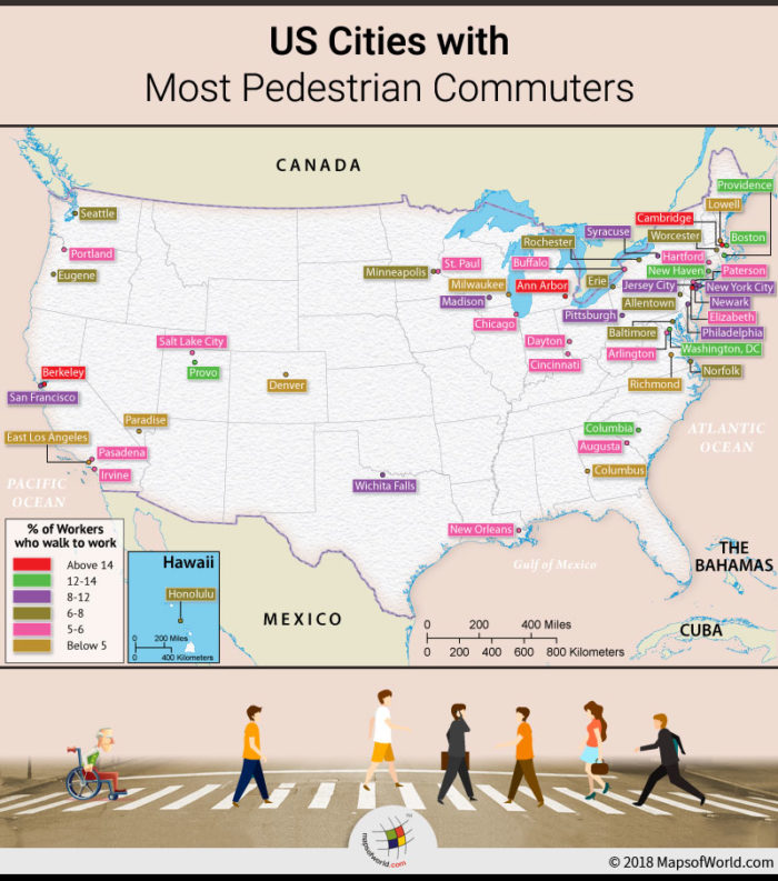 US map depicting cities with highest percentage of pedestrians