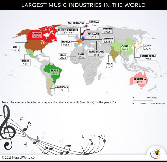 World Map depicting largest music industries