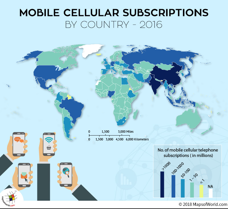 World map highlighting number of cellular subscriptions