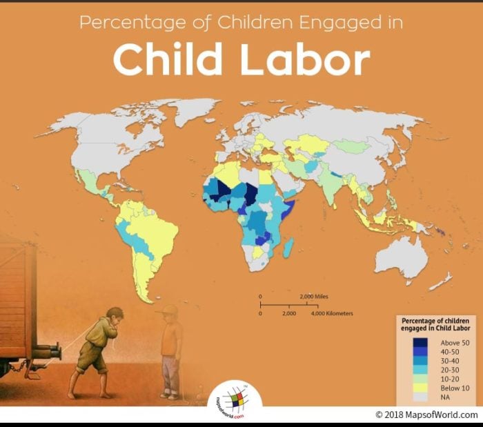 World map depicting child labor percentage around the world