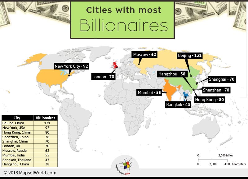 World map depicting cities with most billionaires