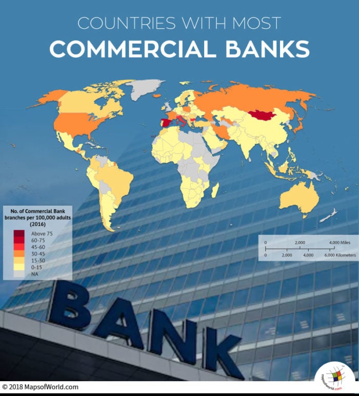 World map depicting countries with most commercial banks