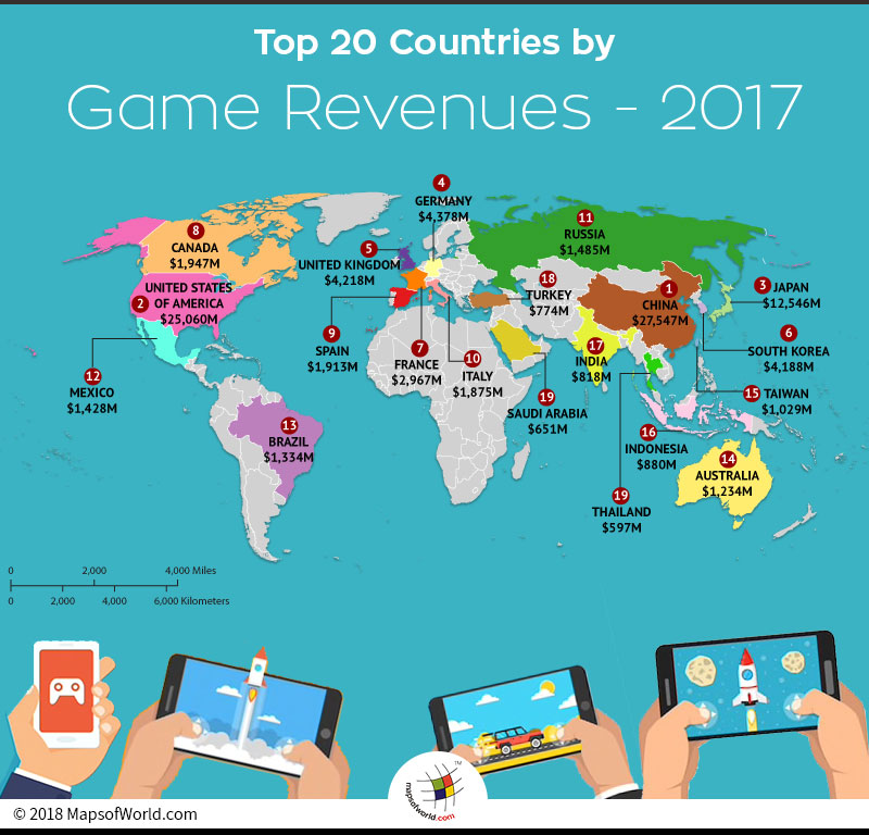 World map depicting top 20 countries in gaming market