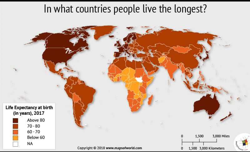 World map depicting life expectancy rate in countries
