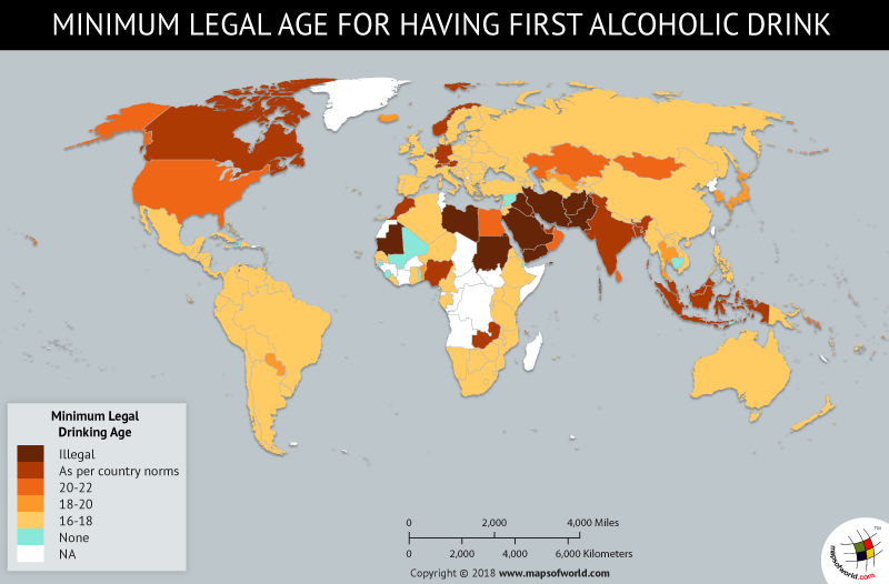 World Map depicting Minimum Legal Age for First Alcoholic Drink in Countries