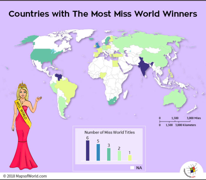 World map depicting countries with most Miss World Winners