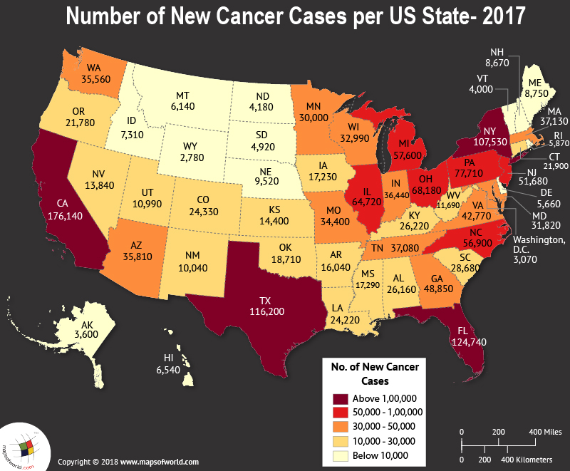 World Map depicting estimation of new Cancer cases in US states in 2017