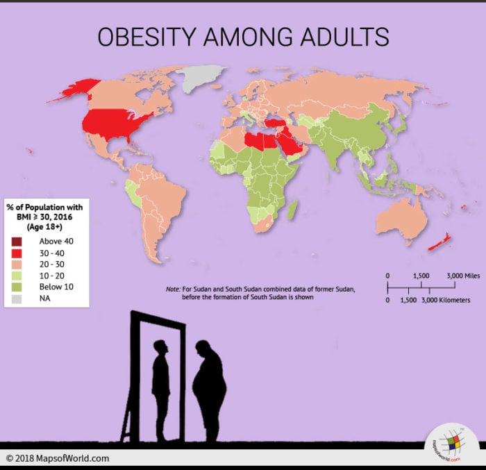 World Map depicting obesity among adults