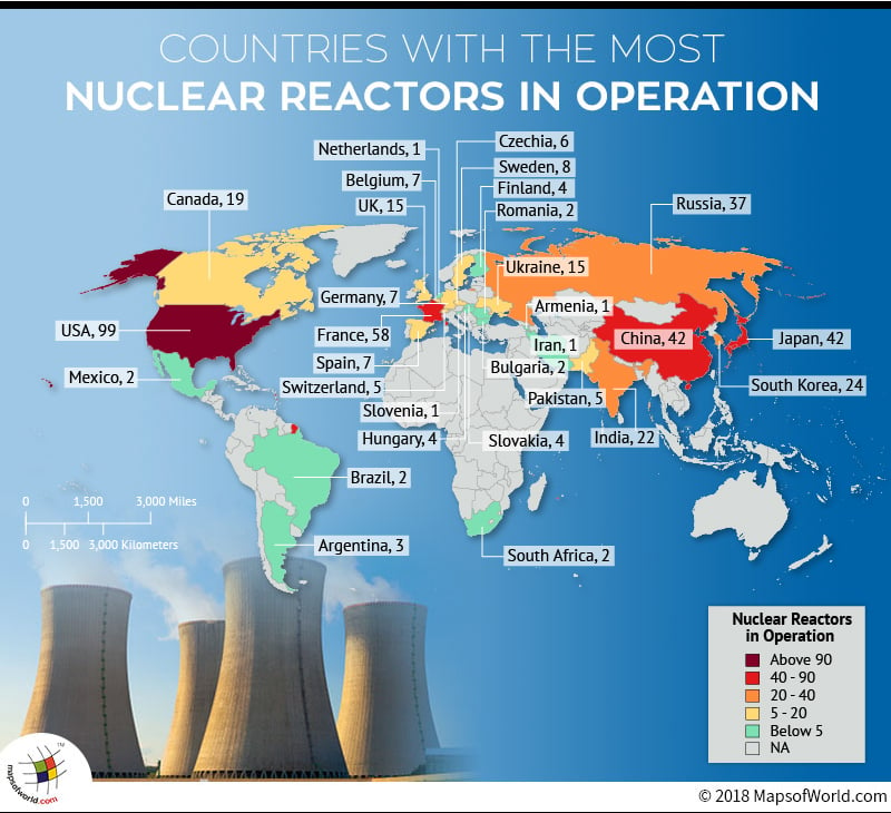 World map depicting operating nuclear reactors