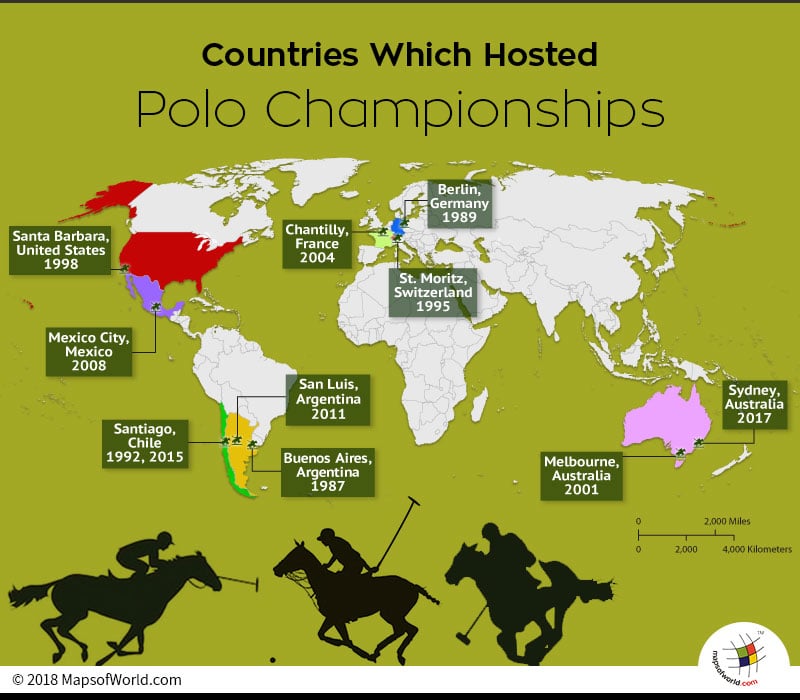World Map depicting nations that have hosted World Polo Championship