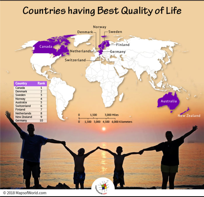 World Map depicting countries leading Quality Life
