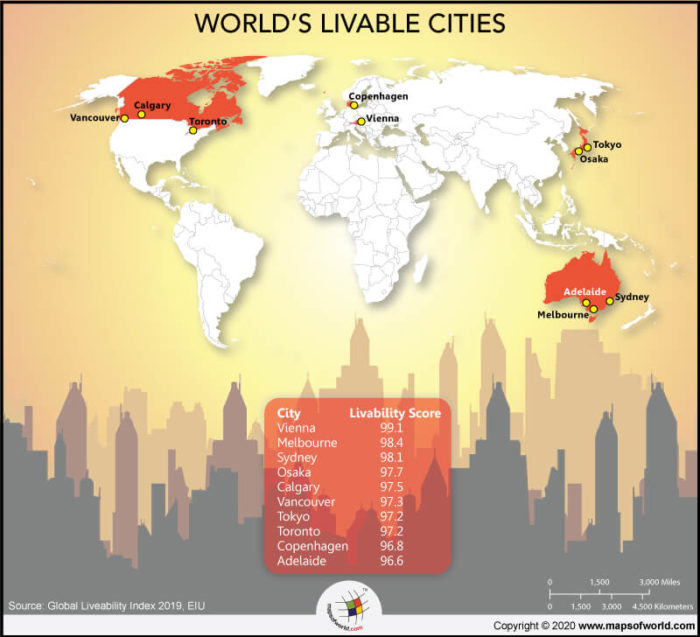 World Map Showing Top 10 Livable Cities Answers