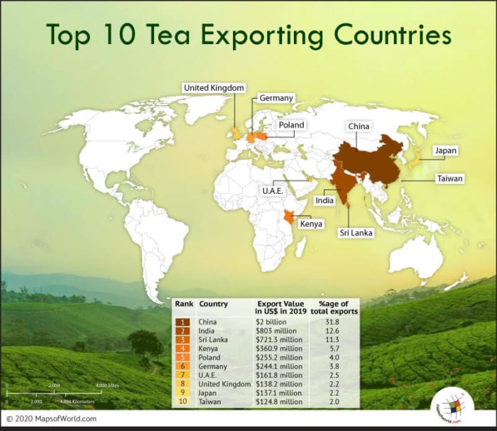 World Map Highlighting Top 10 Tea Exporting Countries