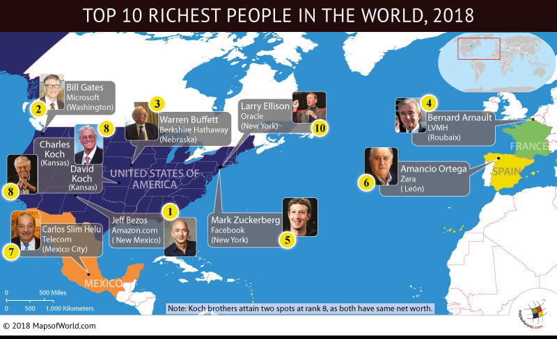 World Map depicting residing cities of Richest men
