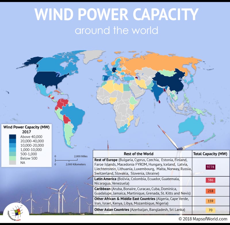 World map depicting Wind Power capacity in countries