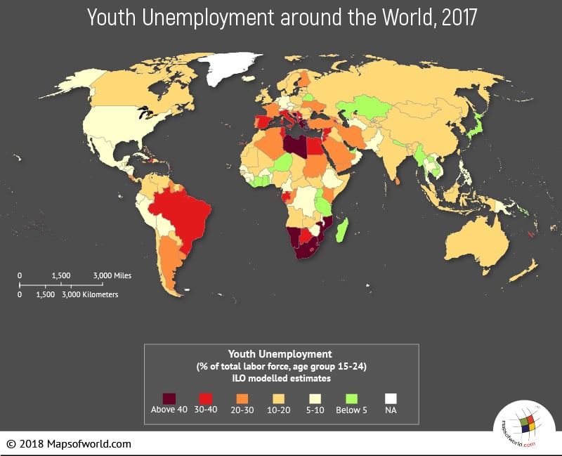 World Map depicting youth unemployment rates 