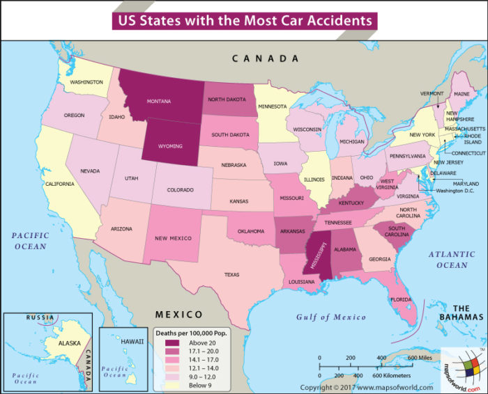 World map depicting Car accidents in US cities