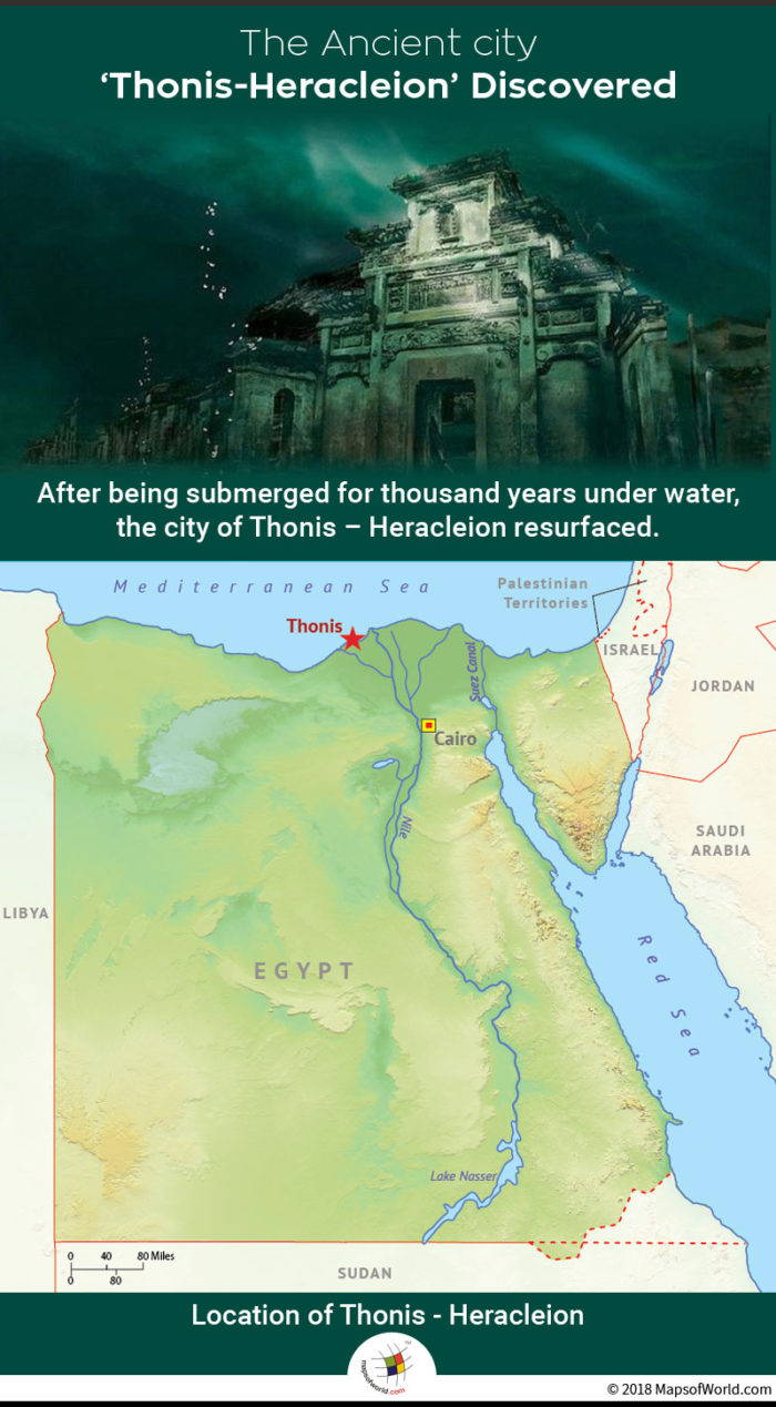 Infographic elaborating aspects of Egyptian city Thonis-Heracleion was re-discovered