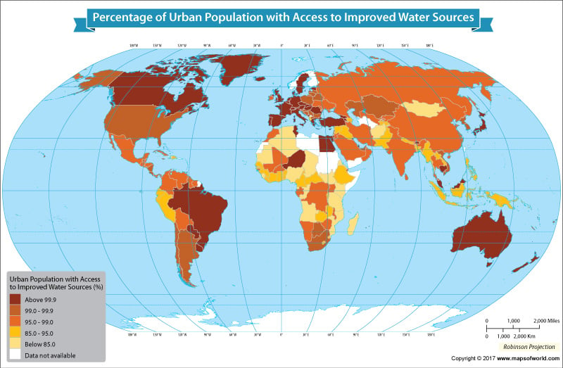 World map showing countries with urban population having access to improved water sources