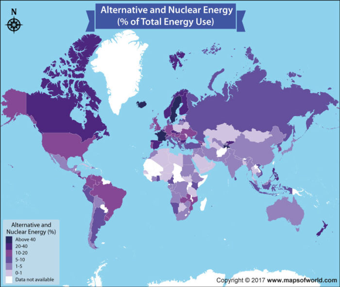 World map showing countries using alternative energy or nuclear energy