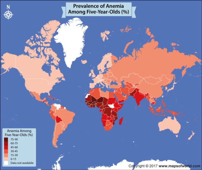World map showing anemia cases in five years old