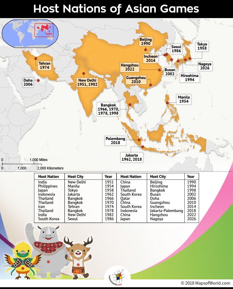 Map depicting the host nations of Asian Games