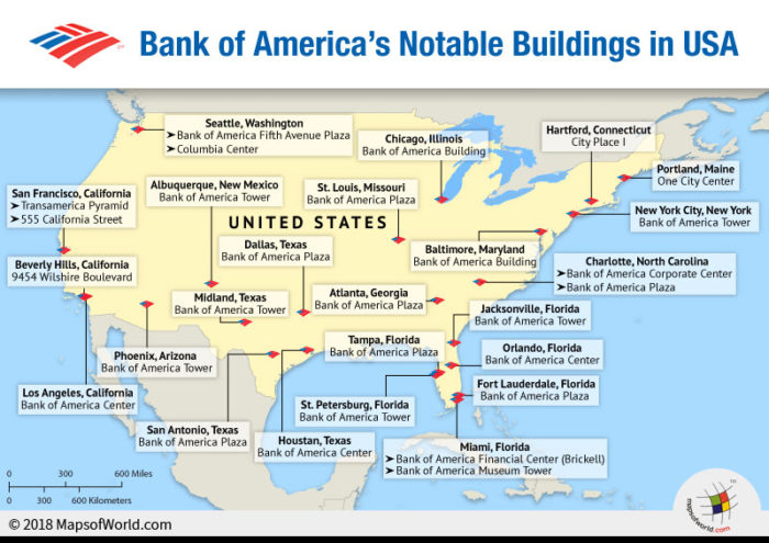 US map depicting the notable buildings of Bank Of America