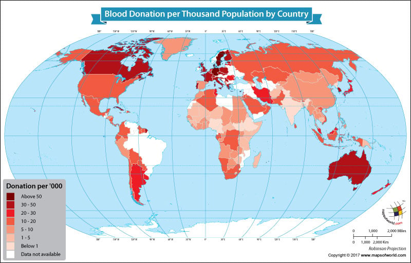 World map showing the highest blood donors 